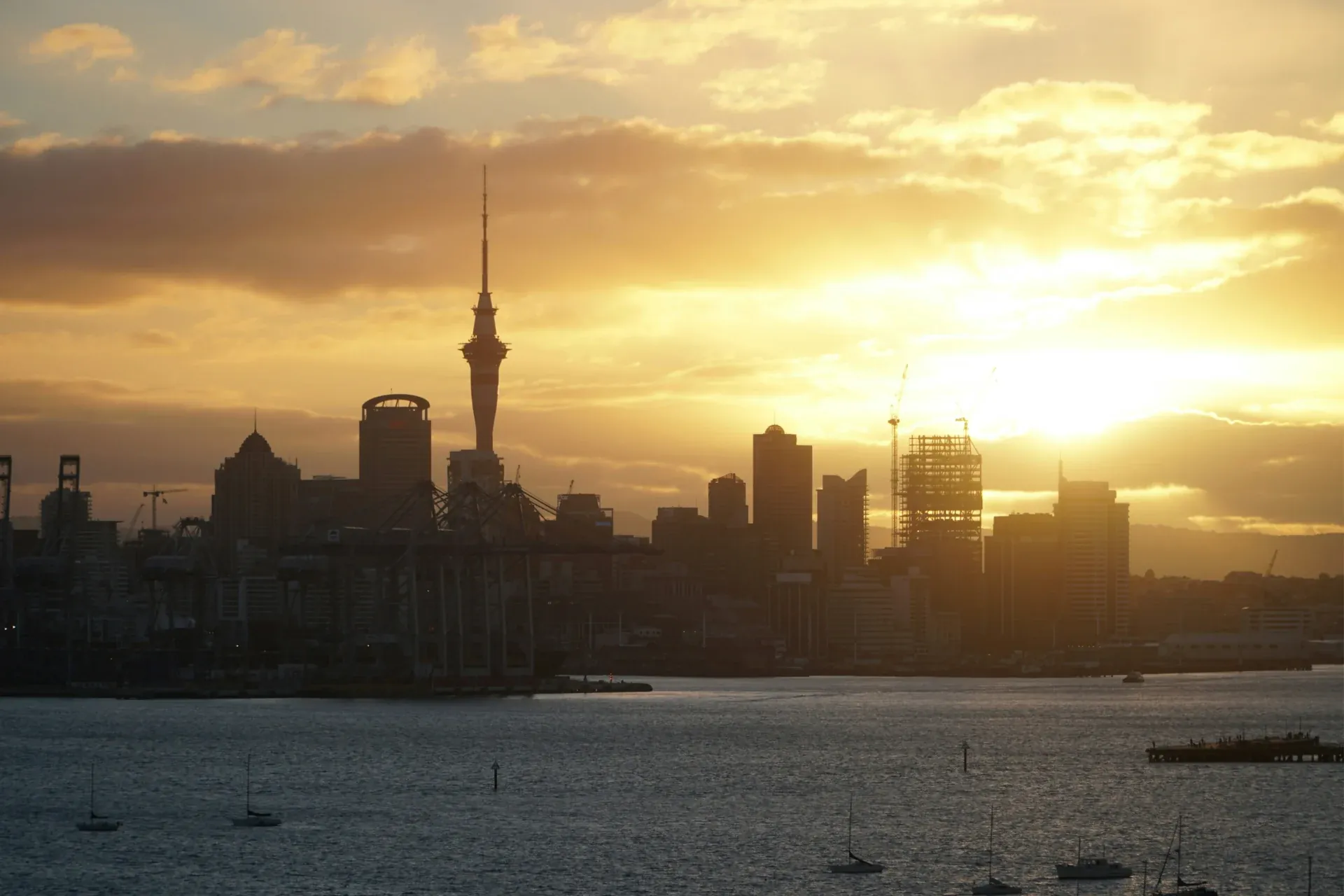 Auckland skyline and Sky Tower at golden hour
