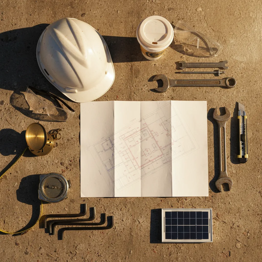 Hard hat, plans and tools laid out for system design