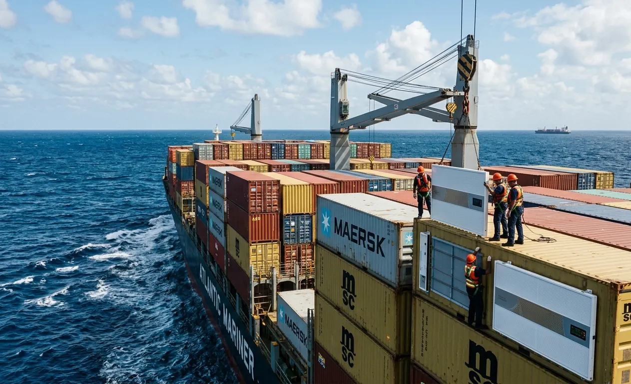 Container ship carrying equipment at sea